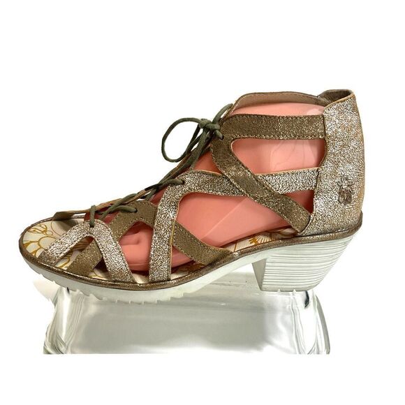 Fly London Gladiator Heeled Sandals Size 10- 10.5 41 EU Lace Up Metallic - Picture 1 of 16